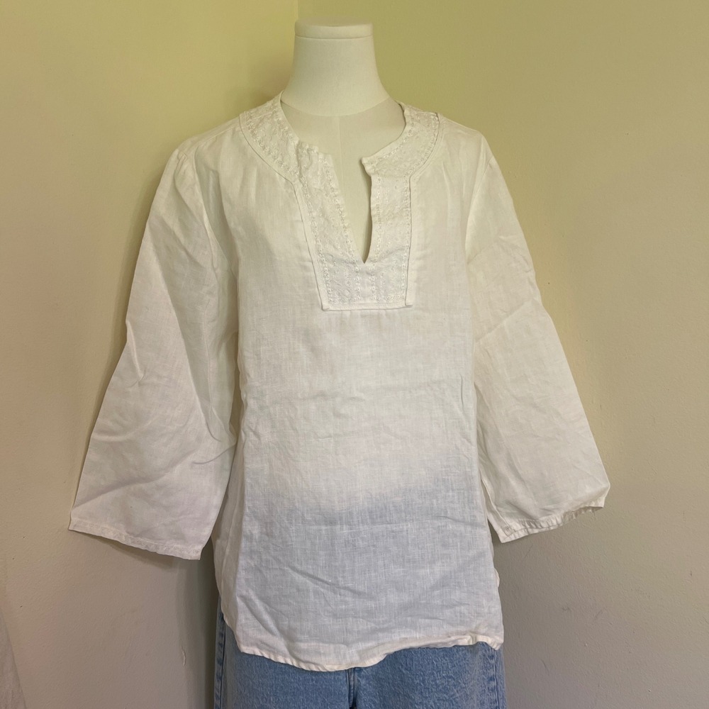 Style & Co Womens White 100% Linen Embroidered Sequin Tunic Blouse Size 16